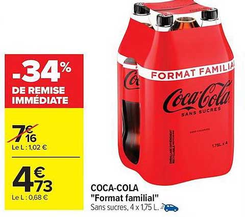 COCA-COLA "Format familial" Sans sucres, 4 x 1,75 L