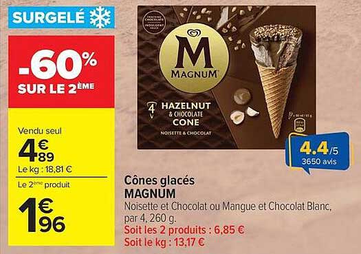 Cônes glacés MAGNUM Noisette et Chocolat ou Mangue et Chocolat Blanc, par 4, 260 g
