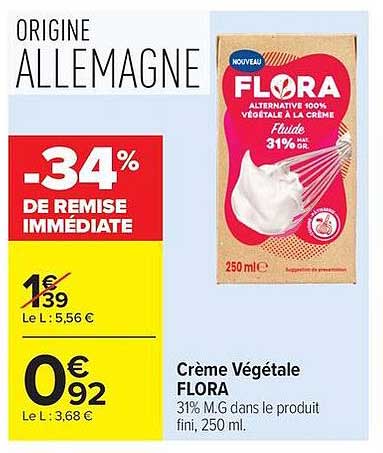Crème Végétale FLORA 31% M.G dans le produit fini, 250 ml.