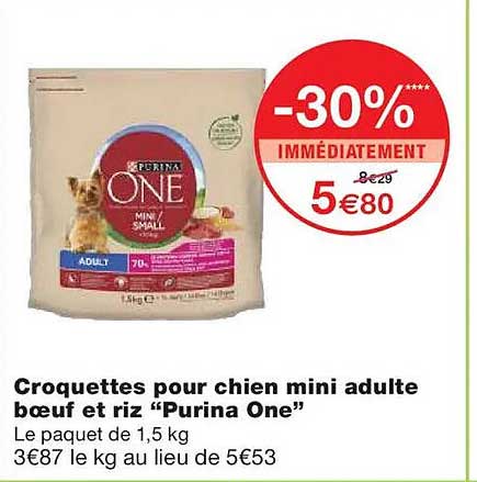 Promo Croquettes Pour Chien Mini Adulte Boeuf Et Riz “Purina One” chez ...