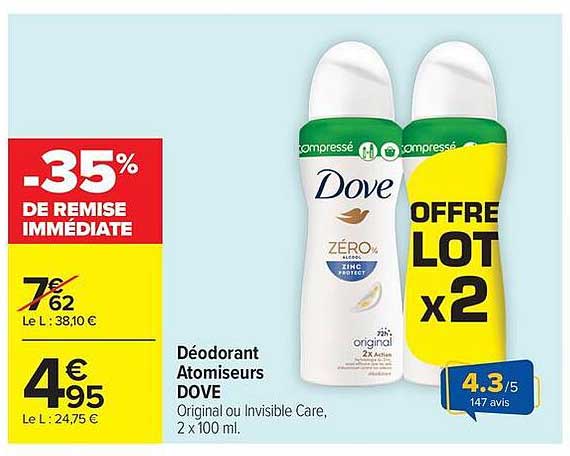 Déodorant Atomiseurs DOVE Original ou Invisible Care, 2 x 100 ml.