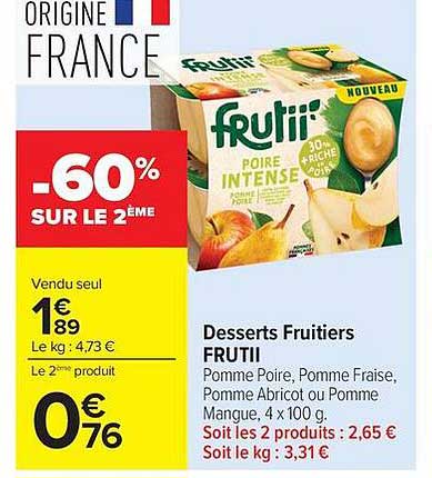 Desserts Fruitiers FRUIII Pomme Poire, Pomme Fraise, Pomme Abricot ou Pomme Mangue, 4 x 100 g