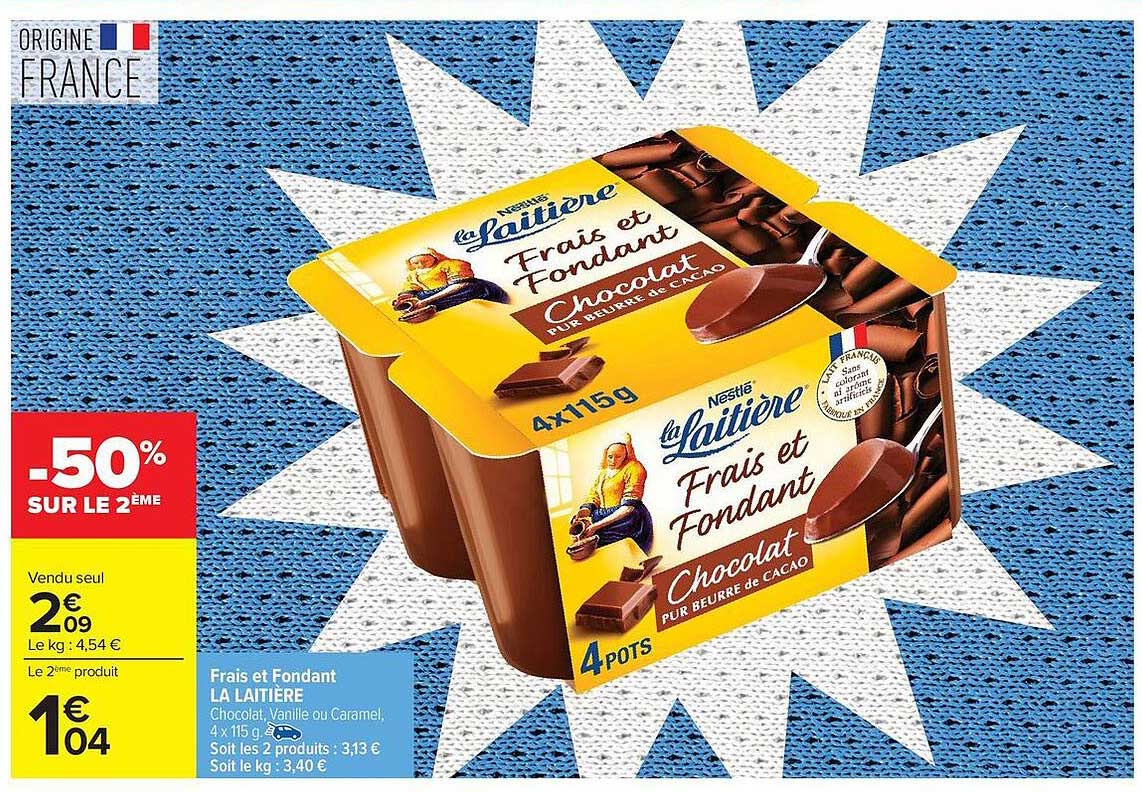 Frais et Fondant LA LAITIERE Chocolat, Vanille ou Caramel, 4 x 115 g