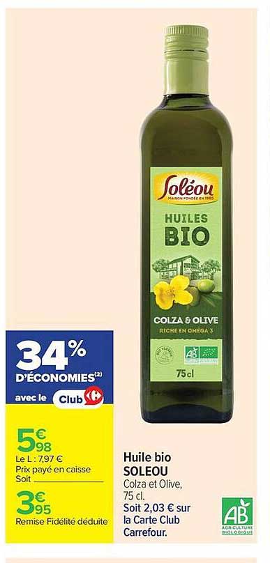 Huile bio SOLEOU Colza et Olive, 75 cl.