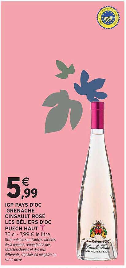 IGP PAYS D'OC GRENACHE CINSAULT ROSÉ LES BÉLIERS D'OC PUECH HAUT