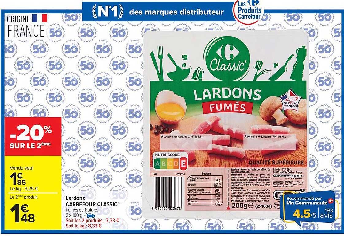 Lardons CARREFOUR CLASSIC' Fumés ou Nature, 2 x 100 g