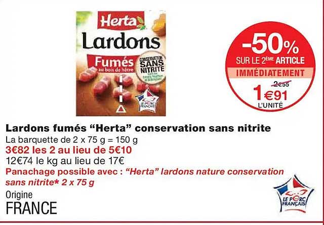Promo Lardons Fumés Conservation Sans Nitrite Herta chez Intermarché ...