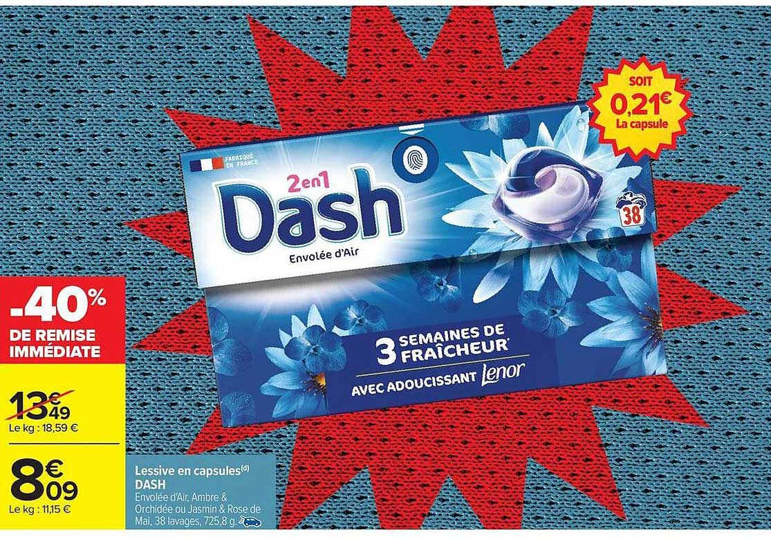Lessive en capsules DASH Envolée d'Air, Ambre & Orchidée ou Jasmin & Rose de Mai, 38 lavages, 725,8 g