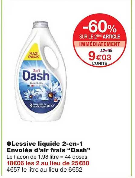Lessive liquide 2-en-1 Envolée d’air frais “Dash”