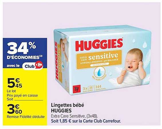 Lingettes bébé HUGGIES Extra Care Sensitive, (3x48). Soit 1,85 € sur la Carte Club Carrefour.