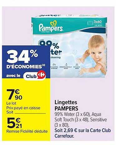 Lingettes PAMPERS 99% Water (3 x 60), Aqua Soft Touch (3 x 48), Sensitive (3 x 60)