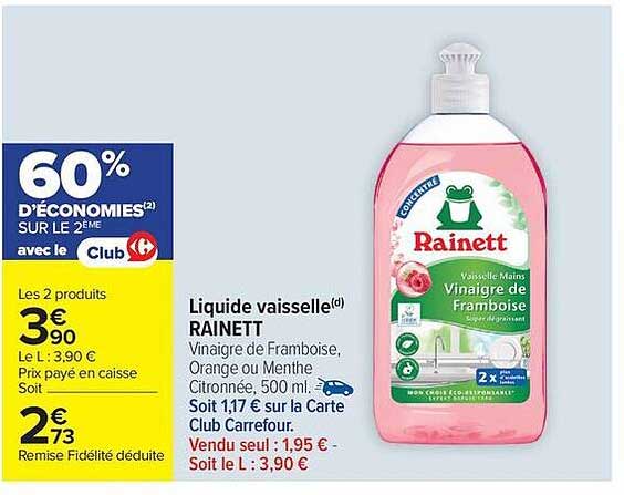 Liquide vaisselle RAINETT Vinaigre de Framboise, Orange ou Menthe Citronné, 500 ml