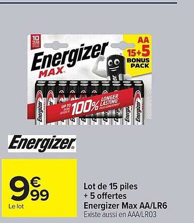 Lot de 15 piles + 5 offertes Energizer Max AA/LR6