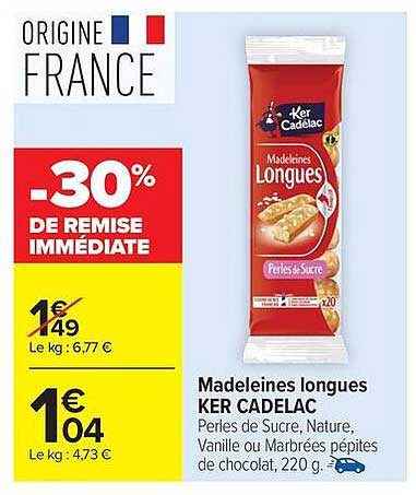 Madeleines longues KER CADELAC Perles de Sucre, Nature, Vanille ou Marbrées pépites de chocolat, 220 g.