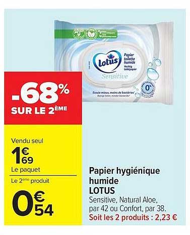 Papier hygiénique humide LOTUS Sensitive, Natural Aloe, par 42 ou Confort, par 38. Soit les 2 produits : 2,23 €