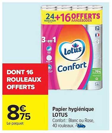 PAPIER HYGIÉNIQUE LOTUS Confort : Blanc ou Rose, 40 rouleaux.