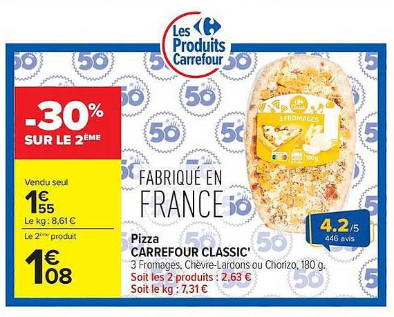 Pizza CARREFOUR CLASSIC' 3 Fromages, Chèvre-Lardons ou Chorizo, 180 g.