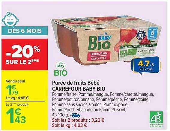 Purée de fruits Bébé CARREFOUR BABY BIO