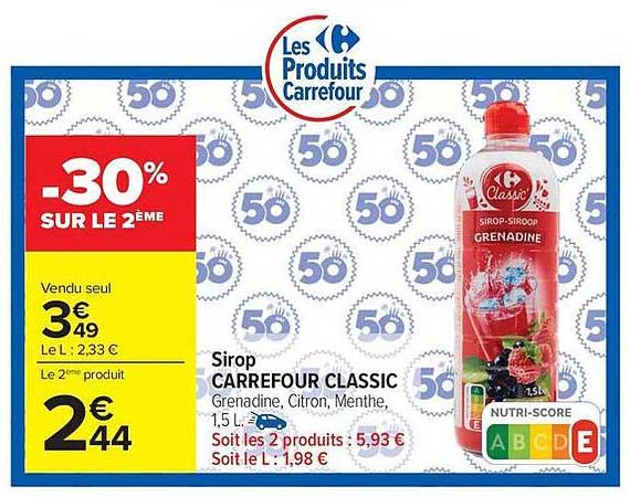 Sirop Carrefour Classic Grenadine, Citron, Menthe, 1,5 L