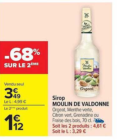 Sirop MOULIN DE VALDONNE Orgeat, Menthe verte, Citron vert, Grenadine ou Fraise des bois, 70 cl.