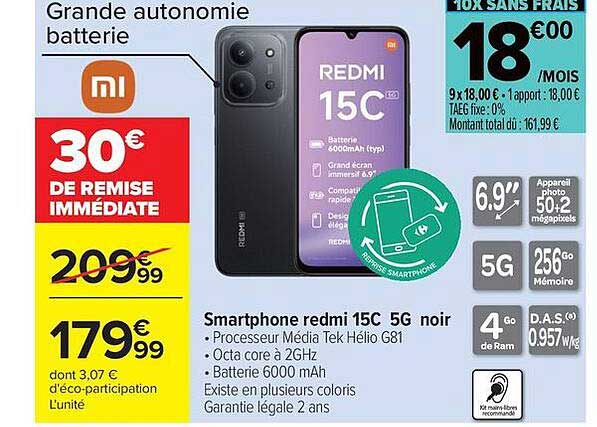 Smartphone redmi 15C 5G noir