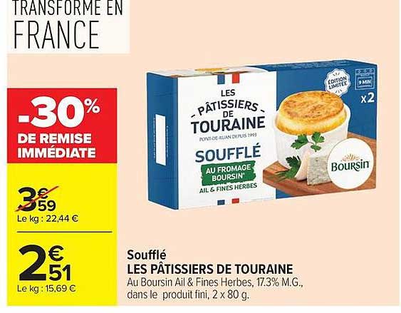 Soufflé LES PÂTISSIERS DE TOURAINE Au Boursin Ail & Fines Herbes, 17,3% M.G., dans le produit fini, 2 x 80 g.
