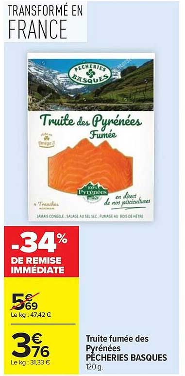 Truite fumée des Pyrénées PÊCHERIES BASQUES 120 g.
