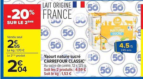 Yaourt nature sucré CARREFOUR CLASSIC'