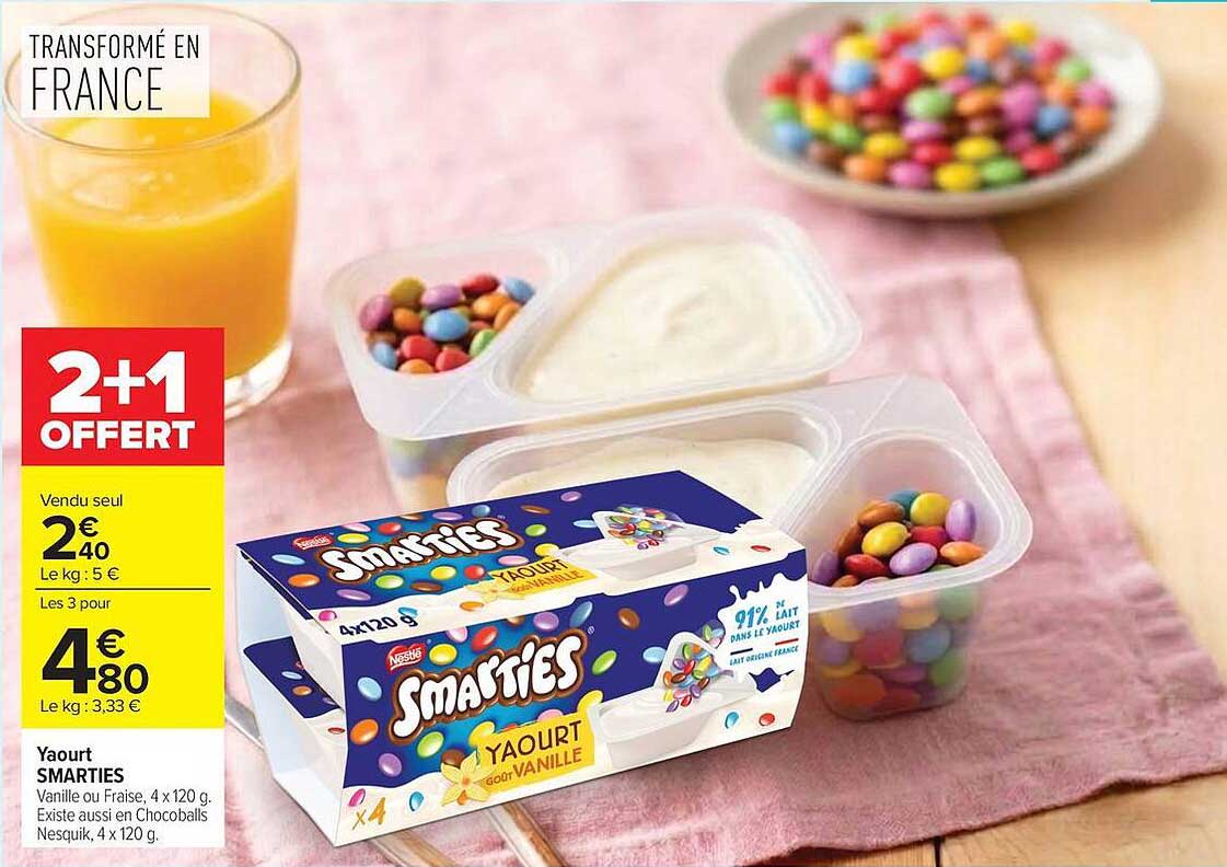 Yaourt SMARTIES Vanille ou Fraise, 4 x 120 g. Existe aussi en Chocoballs Nesquik, 4 x 120 g.