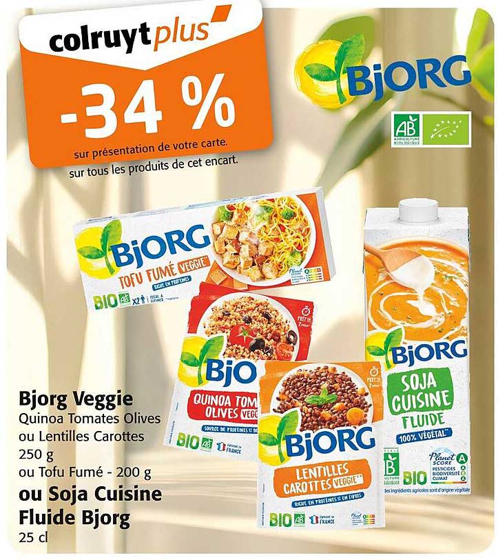 Bjorg Veggie Quinoa Tomates Olives ou Lentilles Carottes 250 g ou Tofu Fumé - 200 g ou Soja Cuisine Fluide Bjorg 25 cl