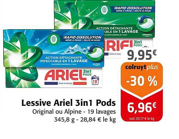 Lessive Ariel 3in1 Pods Original ou Alpine - 19 lavages