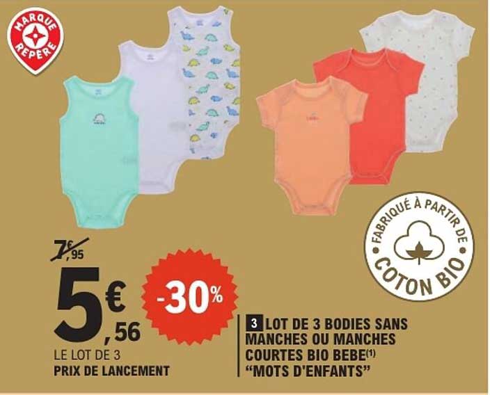 LOT DE 3 BODIES SANS MANCHE OU MANCHES COURTES BIO BEBE