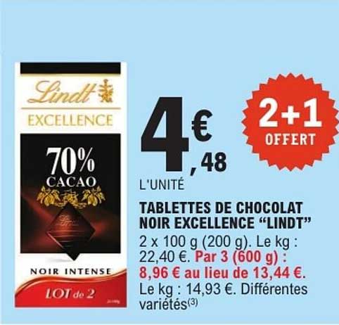 TABLETTES DE CHOCOLAT NOIR EXCELLENCE “LINDT”