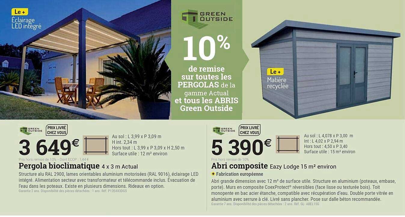 10% de remise sur toutes les PERGOLAS de la gamme Actual et tous les ABRIS Green Outside
