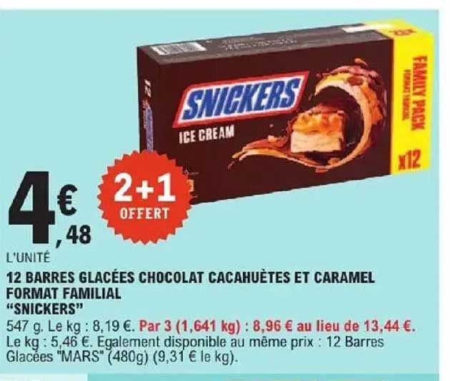 12 BARRES GLACÉES CHOCOLAT CACAHUÈTES ET CARAMEL FORMAT FAMILIAL “SNICKERS”