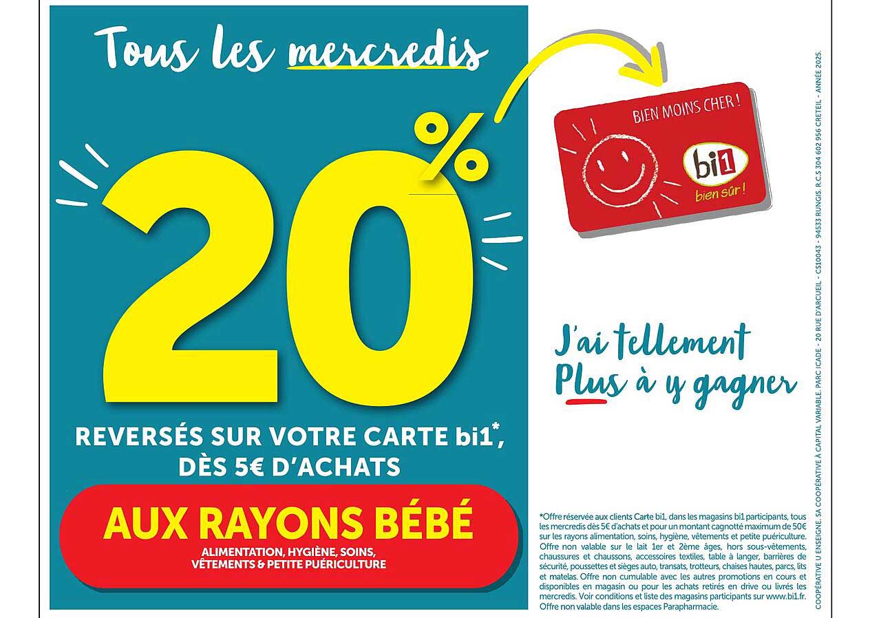 20% reversés sur votre carte bi1, dès 5€ d'achats