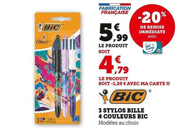 3 STYLOS BILLE 4 COULEURS BIC