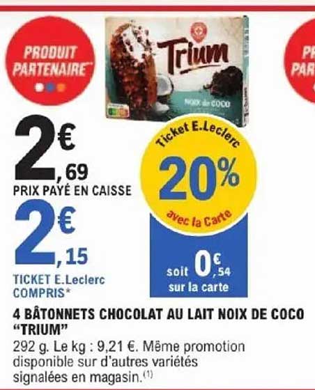 4 BÂTONNETS CHOCOLAT AU LAIT NOIX DE COCO “TRIUM”