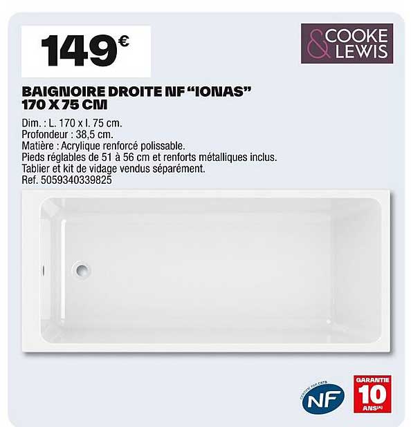 BAIGNOIRE DROITE NF “IONAS” 170 X 75 CM