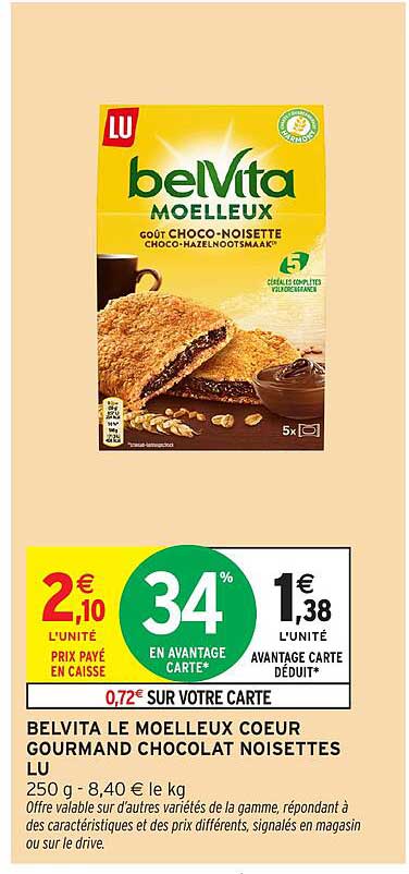 BELVITA LE MOELLEUX COEUR GOURMAND CHOCOLAT NOISETTES LU