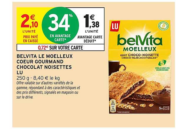 BELVITA LE MOELLEUX COEUR GOURMAND CHOCOLAT NOISETTES LU