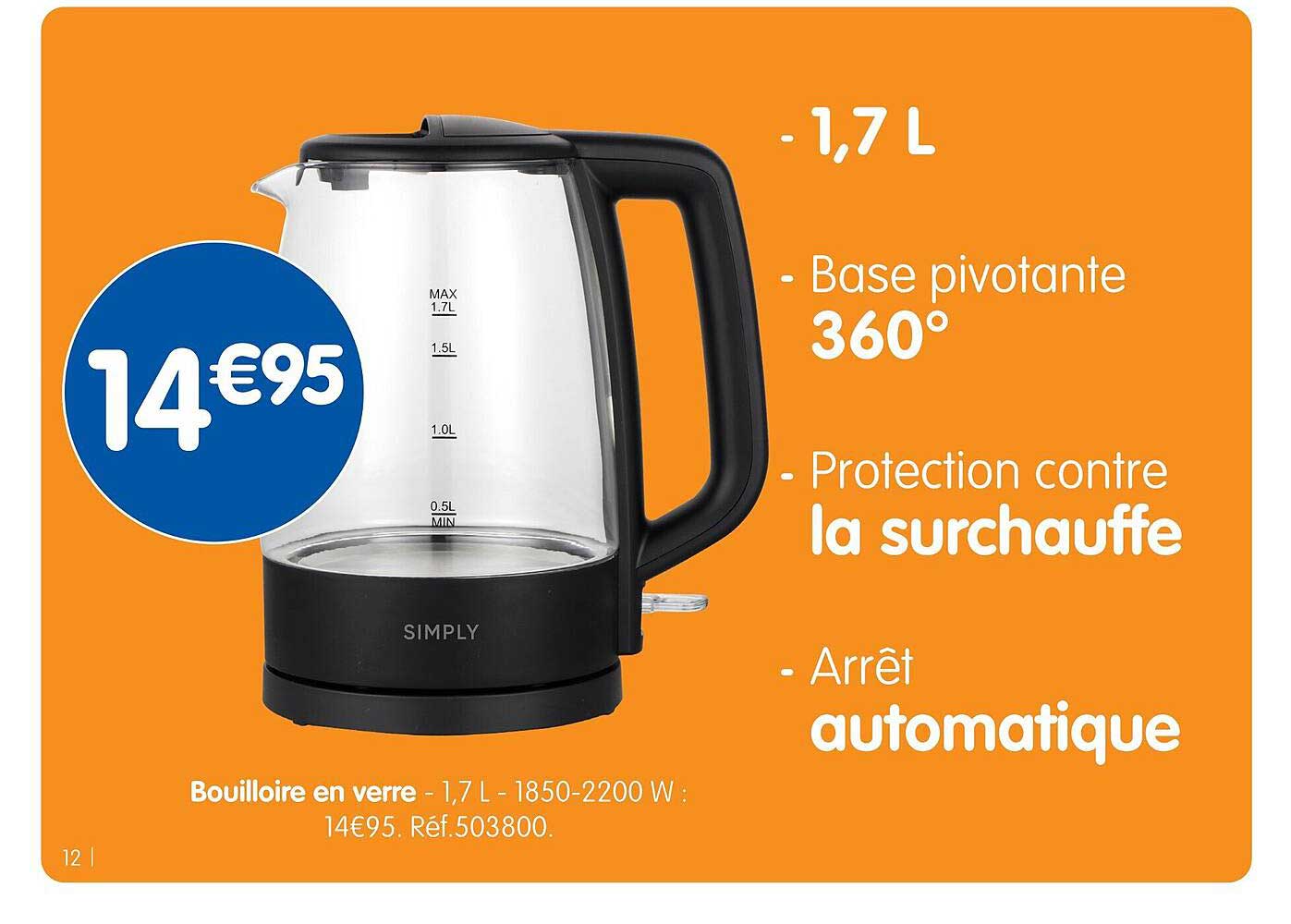 Bouilloire en verre - 1,7 L - 1850-2200 W