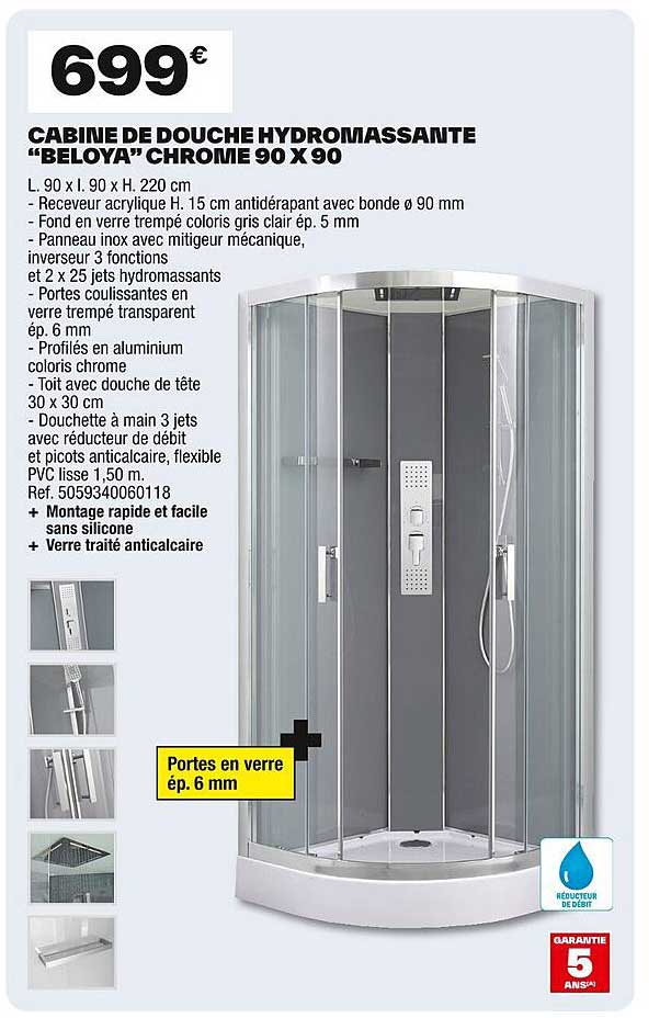 CABINE DE DOUCHE HYDROMASSANTE “BELOYA” CHROME 90 X 90