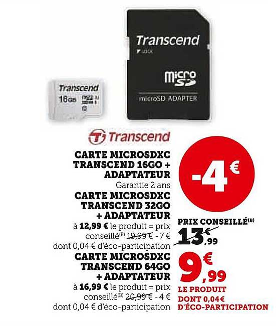 CARTE MICROSDXC TRANSCEND 16GO + ADAPTATEUR