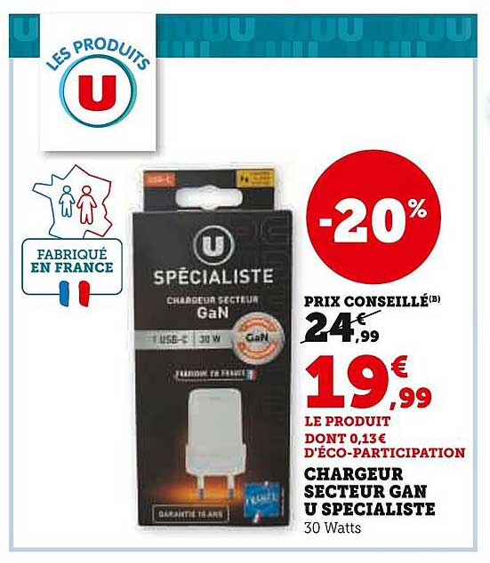 Chargeur secteur GaN U Spécialiste 30 Watts