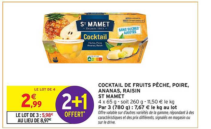 COCKTAIL DE FRUITS PÊCHE, POIRE, ANANAS, RAISIN