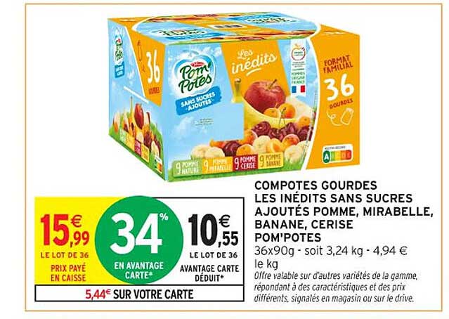 COMPOTES GOURDES LES INÉDITS SANS SUCRES AJOUTÉS POMME, MIRABELLE, BANANE, CERISE POM'POTES