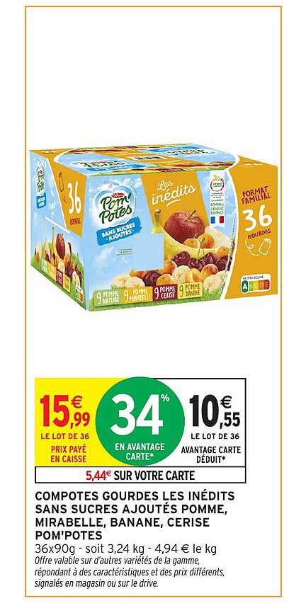 COMPOTES GOURDES LES INÉDITS SANS SUCRES AJOUTÉS POMME, MIRABELLE, BANANE, CERISE POM'POTES