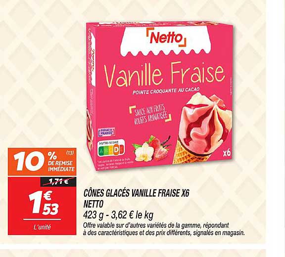 Cônes Glacés Vanille Fraise X6 Netto