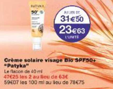 Crème solaire visage Bio SPF50+ "Patyka"